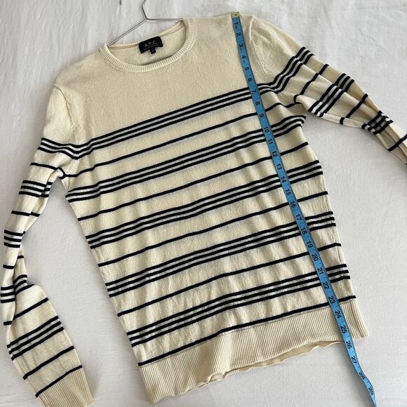 A.P.C. Womens Cream Black Stripe Crewneck 100% Wool Long Sweater Size M - Picture 7 of 12